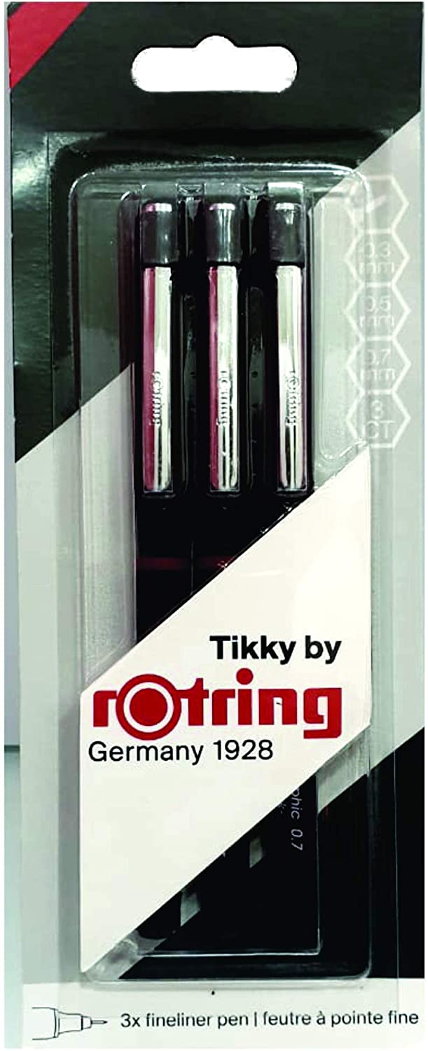 rOtring Tikky Graphic Fineliner Pens, 0.7mm & 0.5mm & 0.3mm, Black Ink